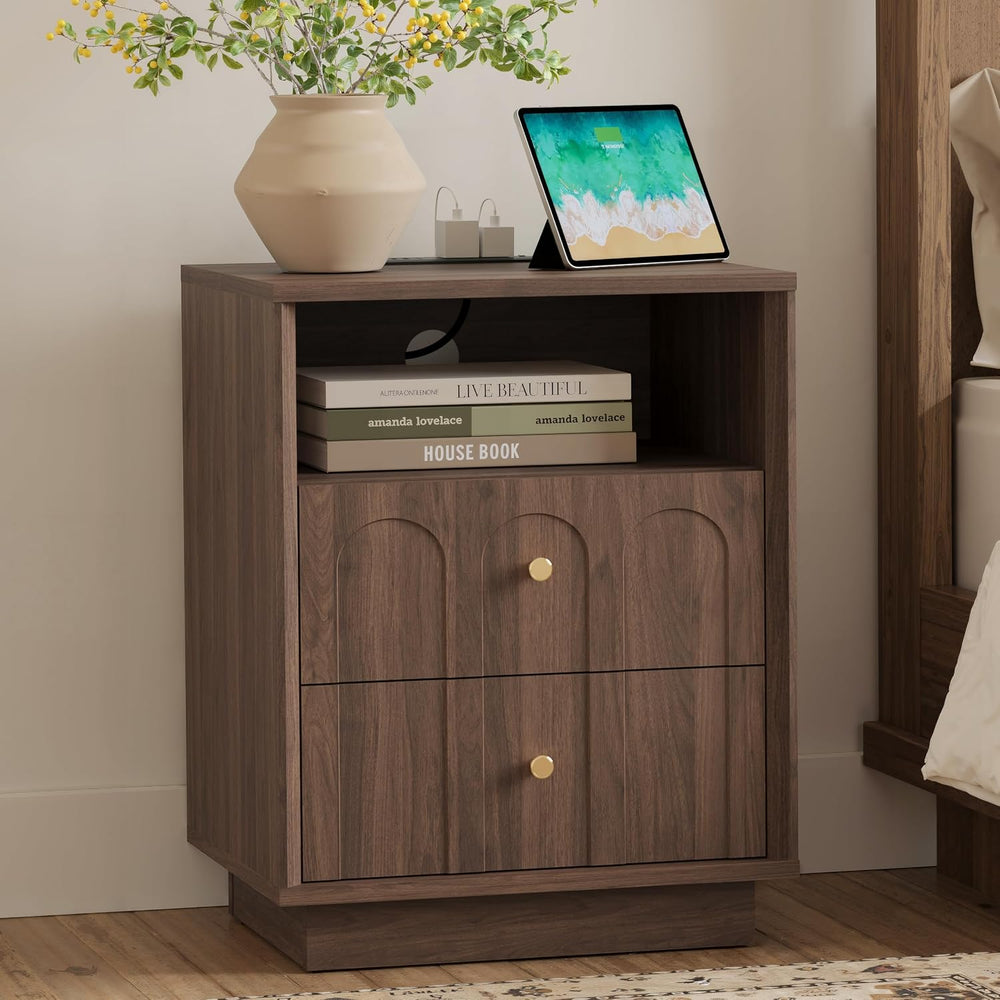 FORTUNETEC 17.7" Nightstand with Charging Station, Arched Design, Walnut