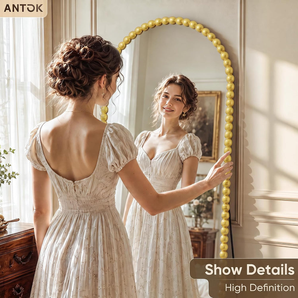 Antok 71" x 28" Arched Full Length Mirror, Antique Beaded Frame Flo...