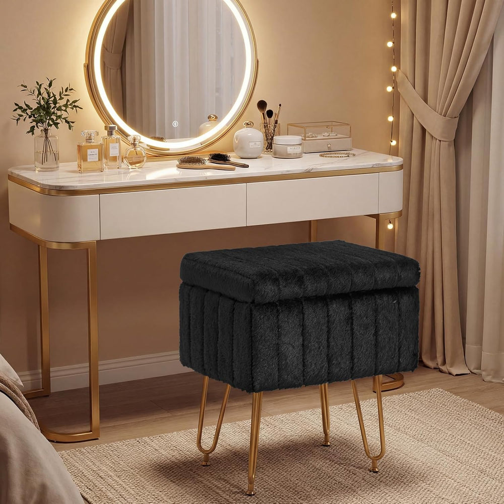 DUMOS Vanity Stool Chair with Storage, Small Ottoman Faux Fur Soft Padded Foo...