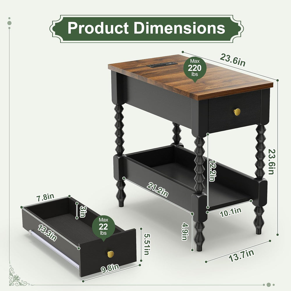 YOSHOOT Farmhouse End Table with Charging Station, Narrow Side Table