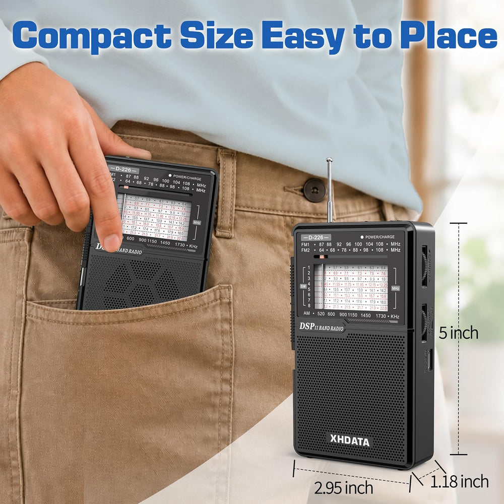 XHDATA D226 Radios Portable AM FM Shortwave, USB C & Battery Powered, Black