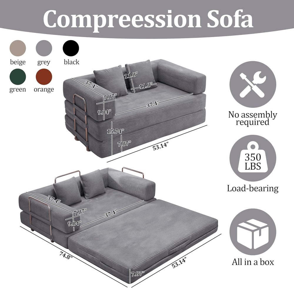 BSHOMGI 4 in 1 Convertible Sofas Boneless Couches with 2 Pillow, Modern Cordu...