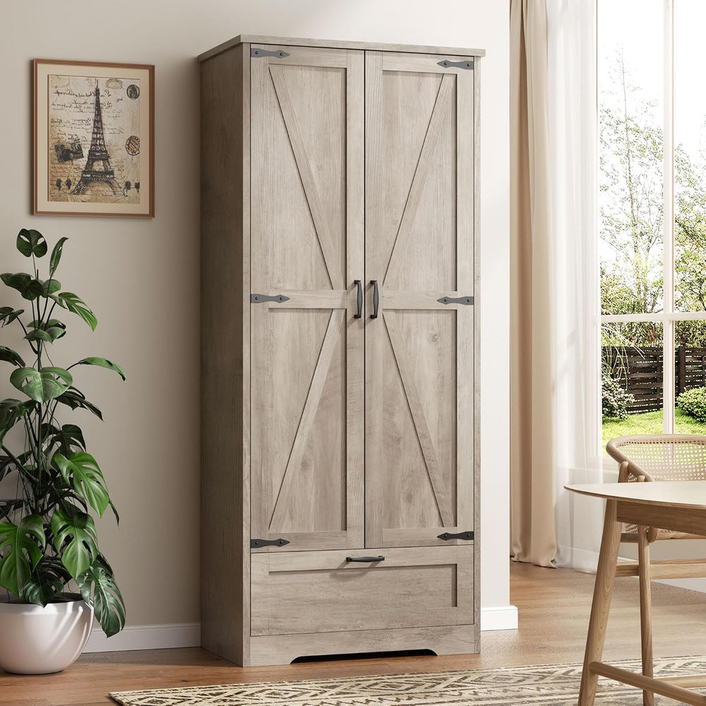 Vongrasig Kitchen Pantry Storage Cabinet with Barn Doors, Drawer and Adjustab...