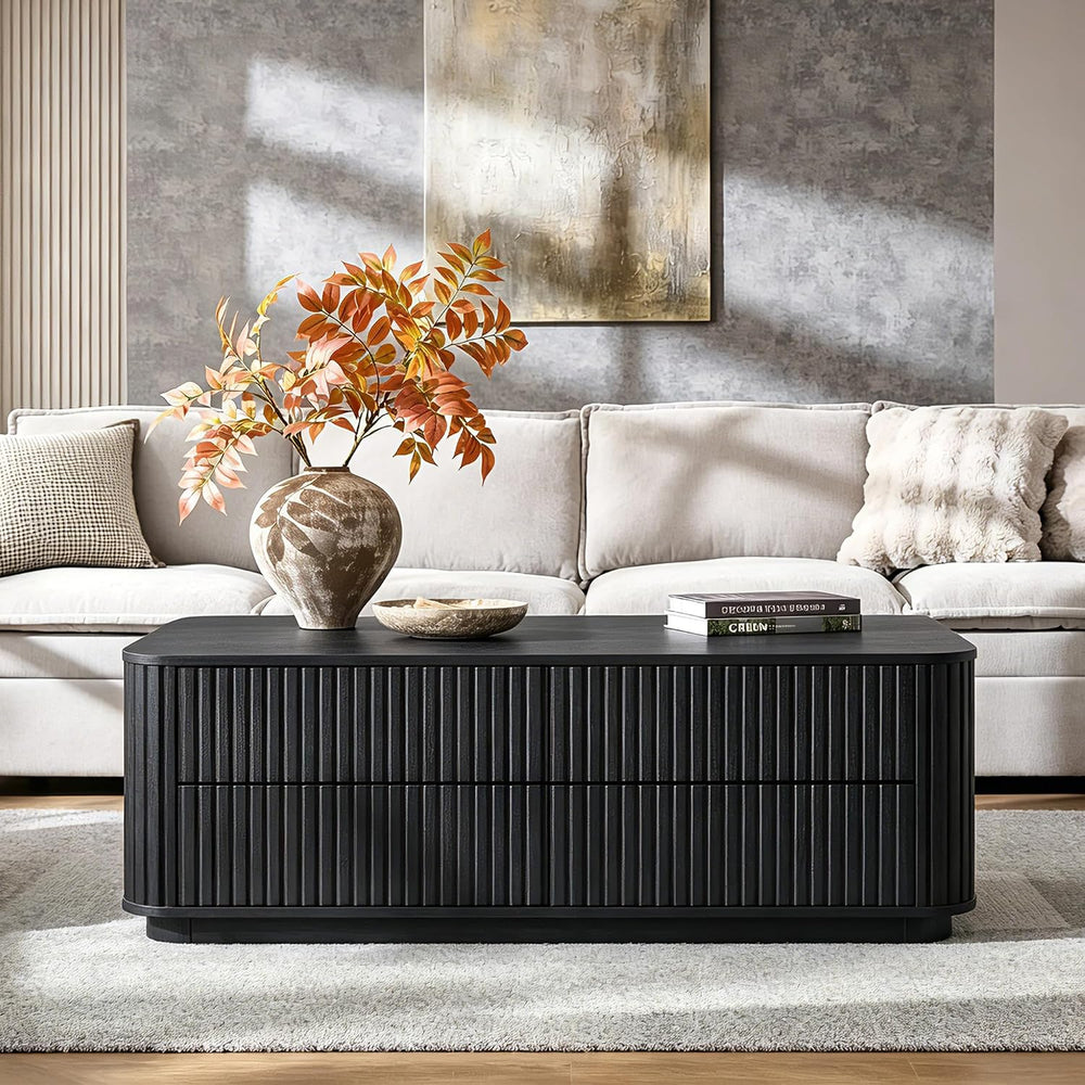51" Fluted Coffee Table with 4 Drawers, Black Oak