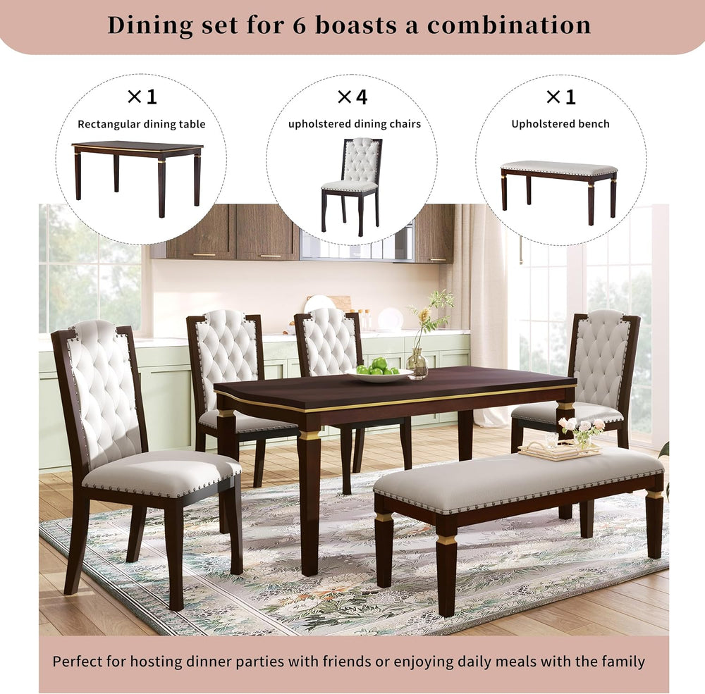 P PURLOVE 6-Piece Kitchen Dining Table Set, 60" Rectangular Table with 4...