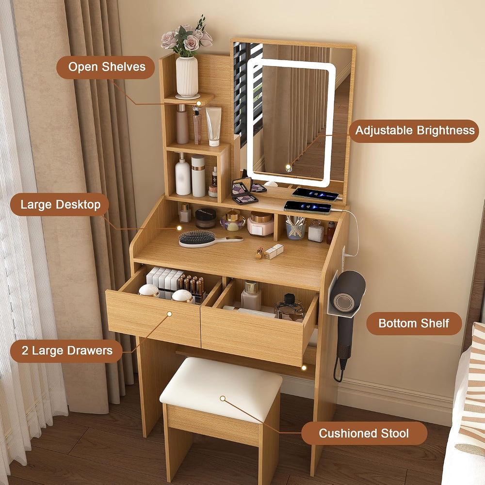 Small Makeup Vanity Desk with Light and Mirror,23.6" Compact Make up Dre...