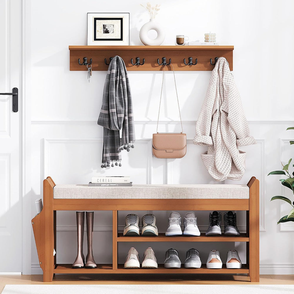 PETKABOO 39.4" Shoe Bench with Coat Rack Hidden Drawer and Side Holder, ...