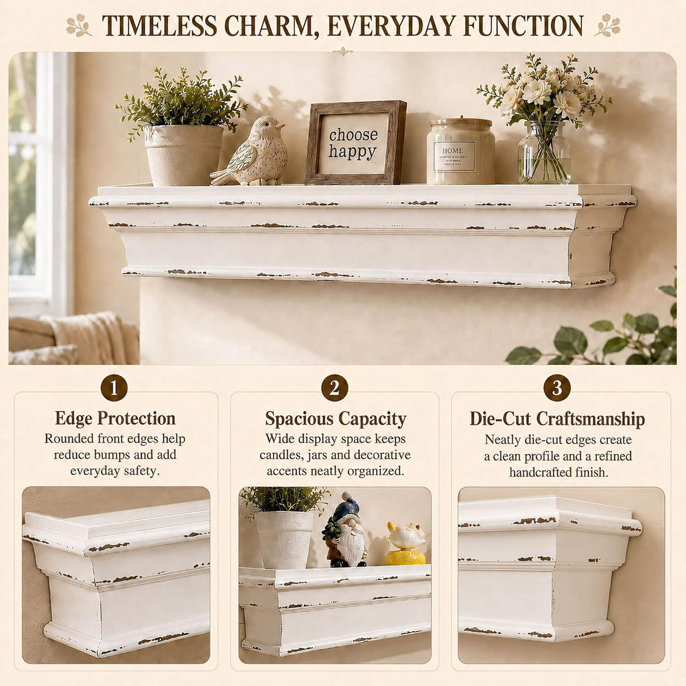 23.6 Inch Distressed White Wall Shelf, Rustic Farmhouse Floating Shelf