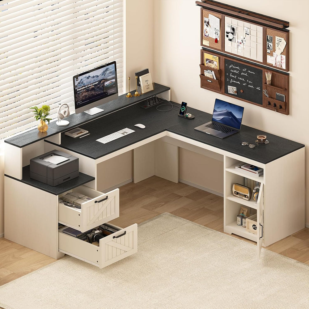 63" Farmhouse L Shaped Desk with Drawers & Printer Shelf for Home Of...