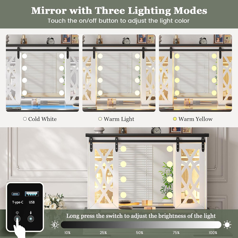 TAGELIER Farmhouse Large Makeup Vanity with Mirror & Lights | Vanity Desk...