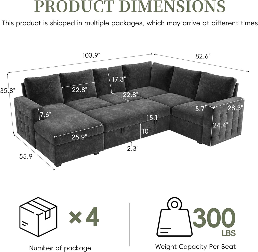 104" Sectional Sleeper Sofa Bed, 7 Seat Pull Out Couch with Storage, Gra...