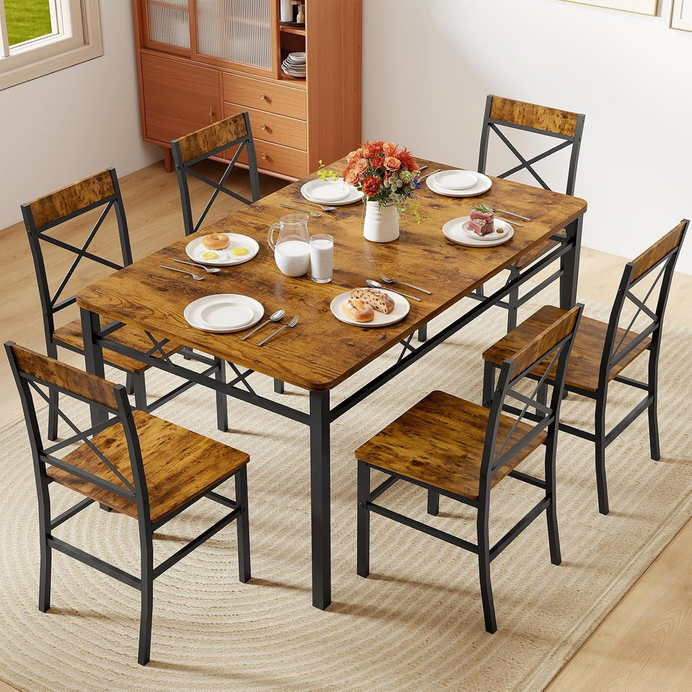 Zevemomo 7-Piece Dining Table Set, Kitchen Table Chairs Set of 6, Brown | Din...