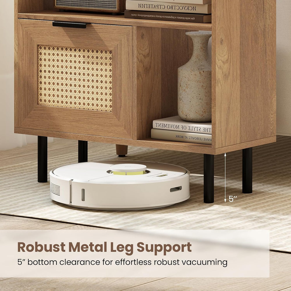 Giantex Rattan End Table with Cabinet, Boho Nightstand with Storage Shelves, ...