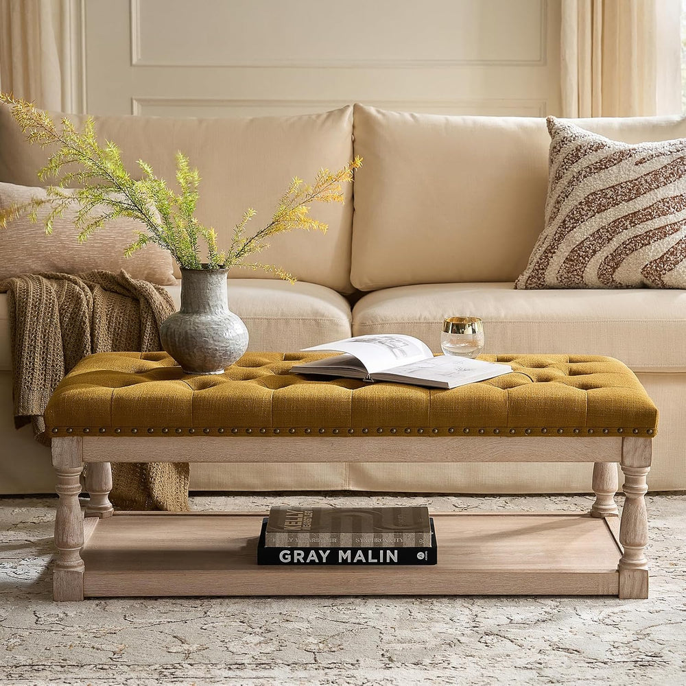 HULALA HOME Storage Tufted Ottoman Coffee Table with Solid Wood Legs, Golden