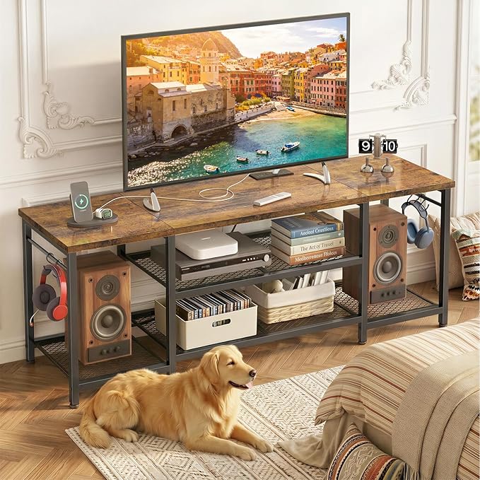 YGEOMER TV Stand for Up to 65 Inch TVs, Entertainment Center with Power Outle...