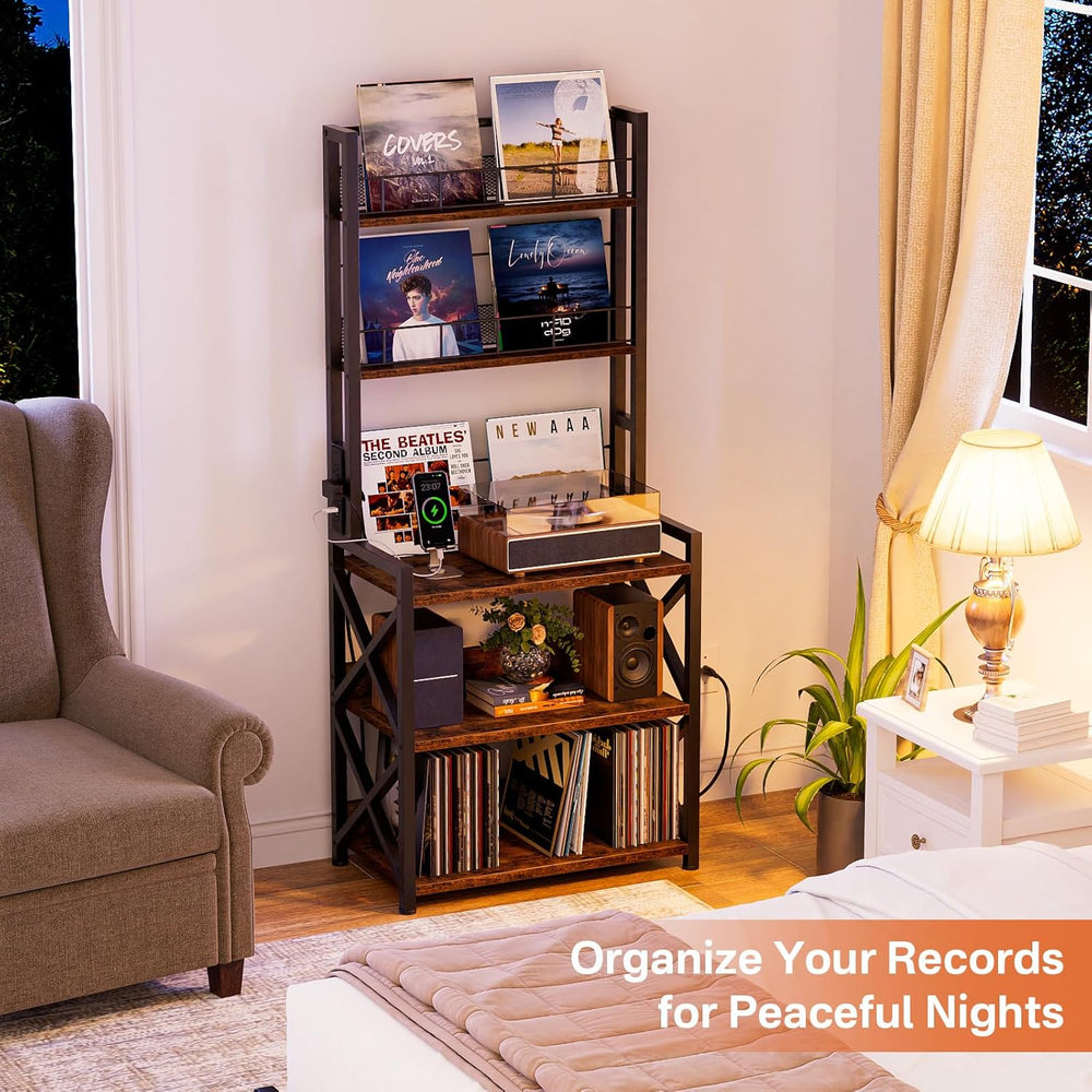 Record Player Stand with Power Outlet - Turntable Display Shelf | 5-tier Viny...