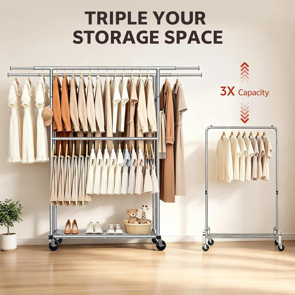 Heavy Duty Clothes Rack Load 550LBS, Rolling Clothing Rack Silver