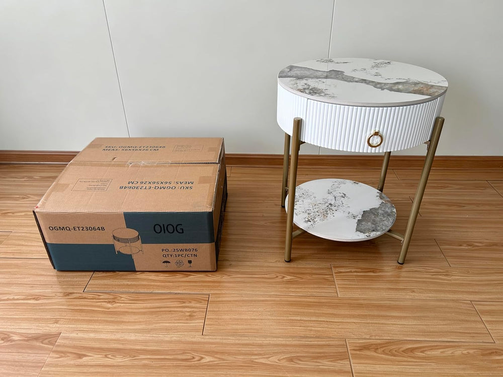 OIOG Round End Table, Nightstand with Storage, Marbling Natural Stone/Gold