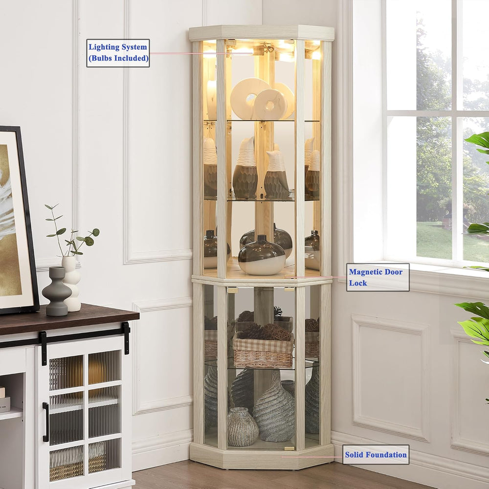 69" H Lighted Corner Display Cabinet, Curio Corner Glass Cabinet w/Adjus...