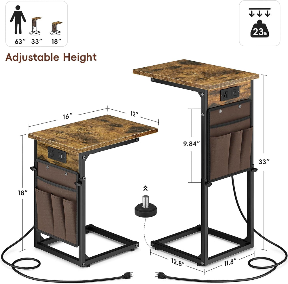 Vagusicc C Shaped End Table with Charging Station, Adjustable Height Side Tab...