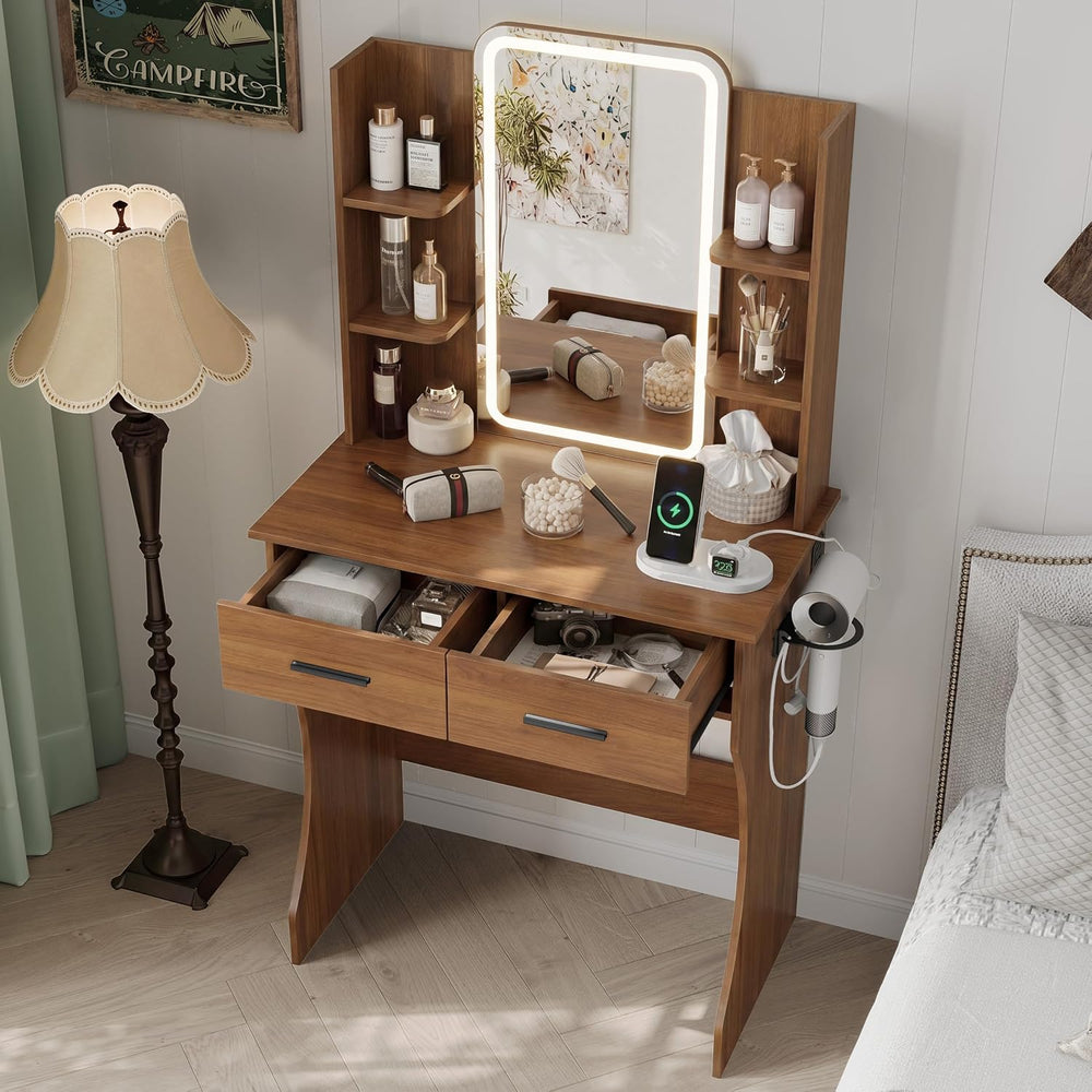 HUANLEGO Small Walnut Vanity Desk with Mirror and Lights for Women Girls | Va...