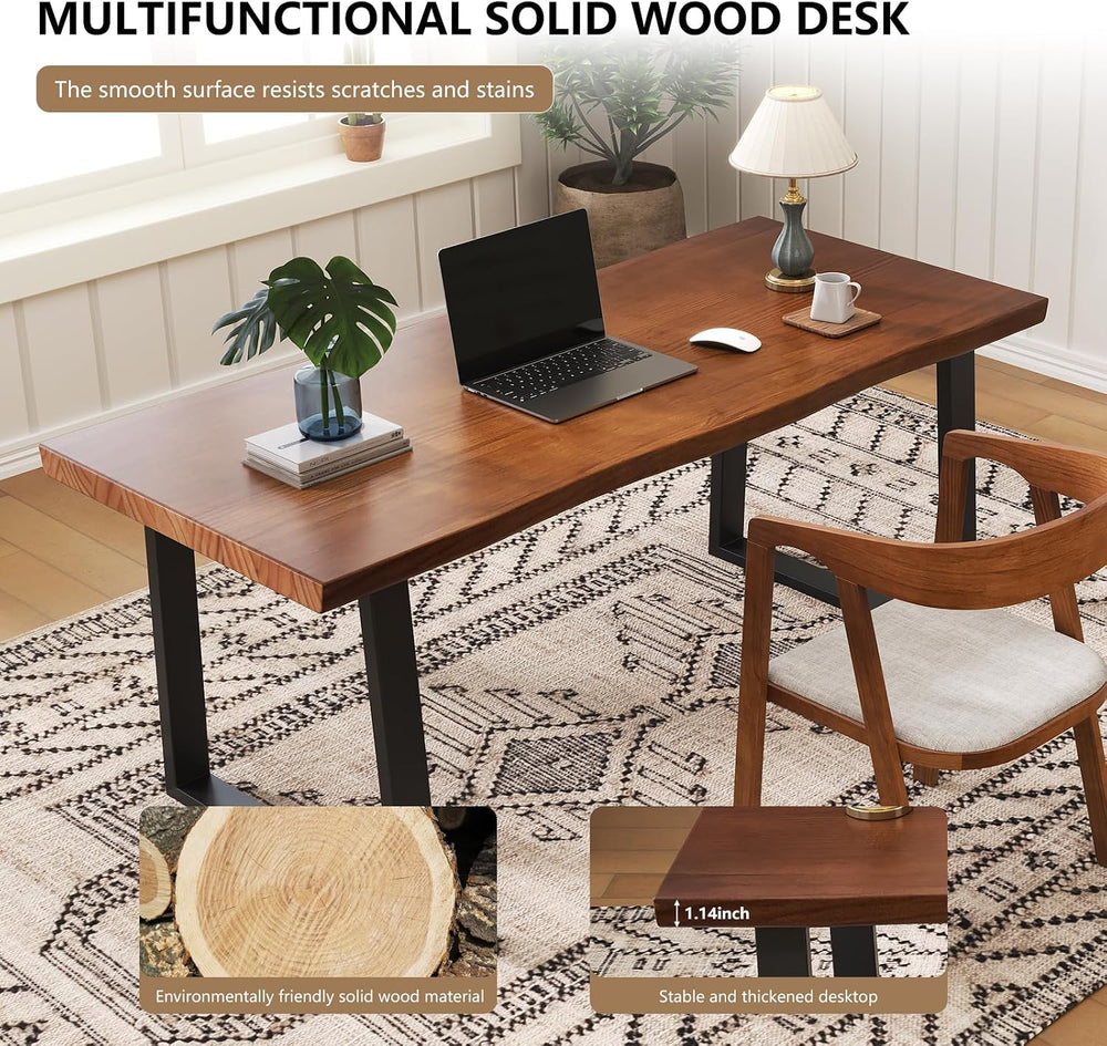 47" Solid Wood Live Edge Computer Desk - Rustic Vintage Industrial Brown...