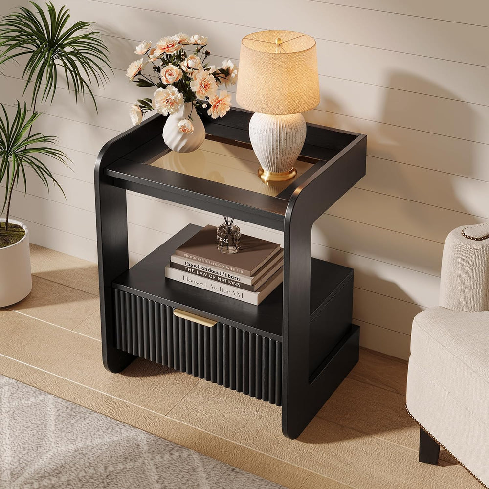 Nightstands Set of 2, Fluted Bedside Tables with Amber Glass Top | Hidden Dra...