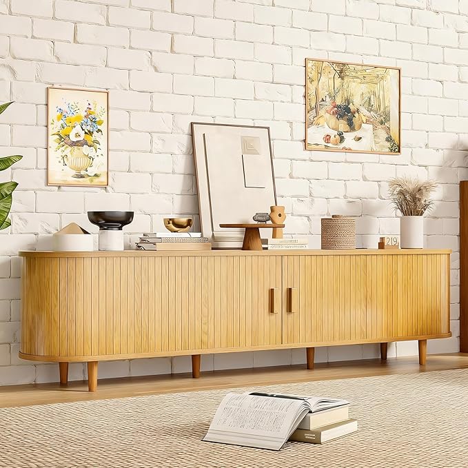 70" Mid Century Modern TV Stand, Wood TV Consoles with Sliding Doors and...