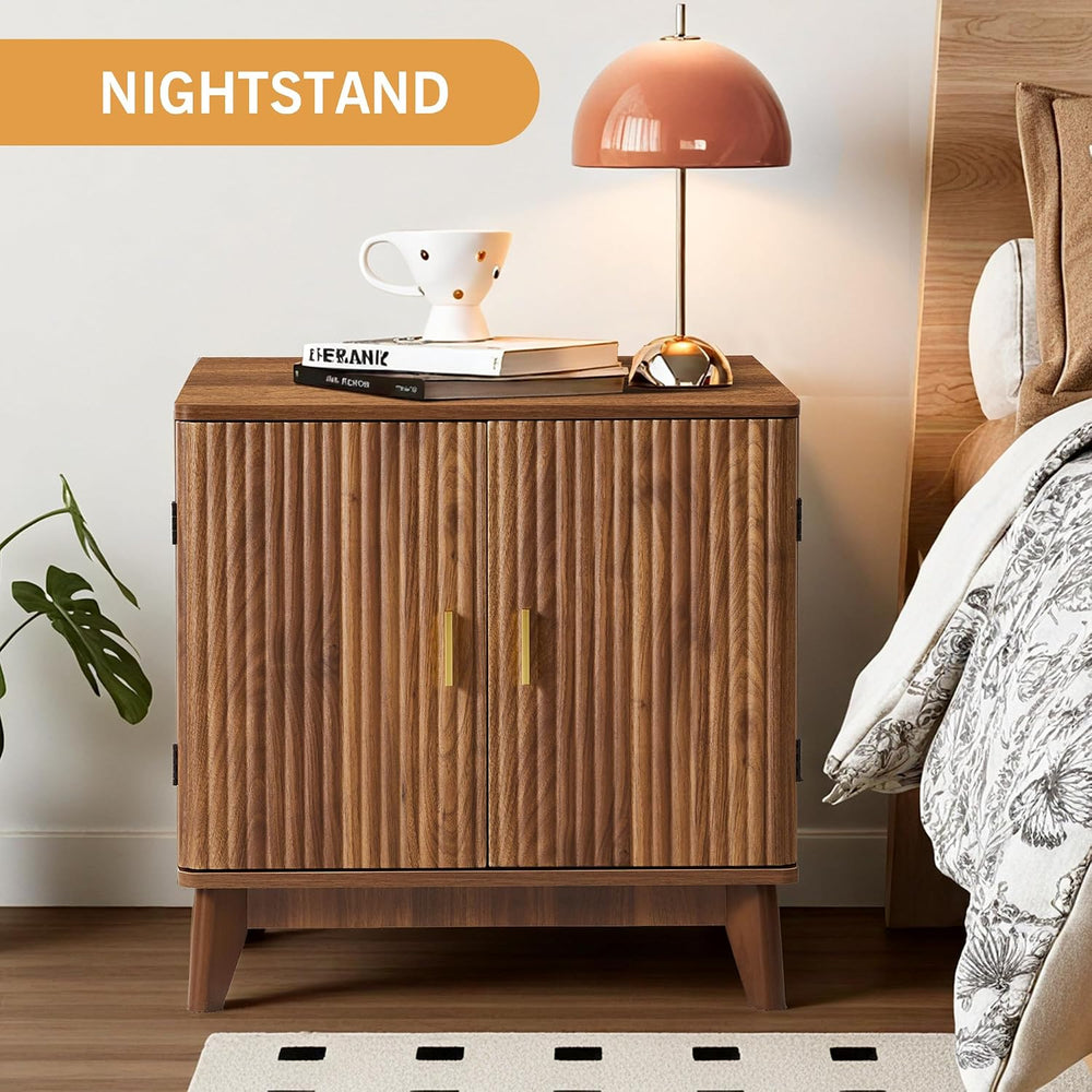 Fluted End Table with Charging Station, 2 Door Side Table with Storage, Mid C...
