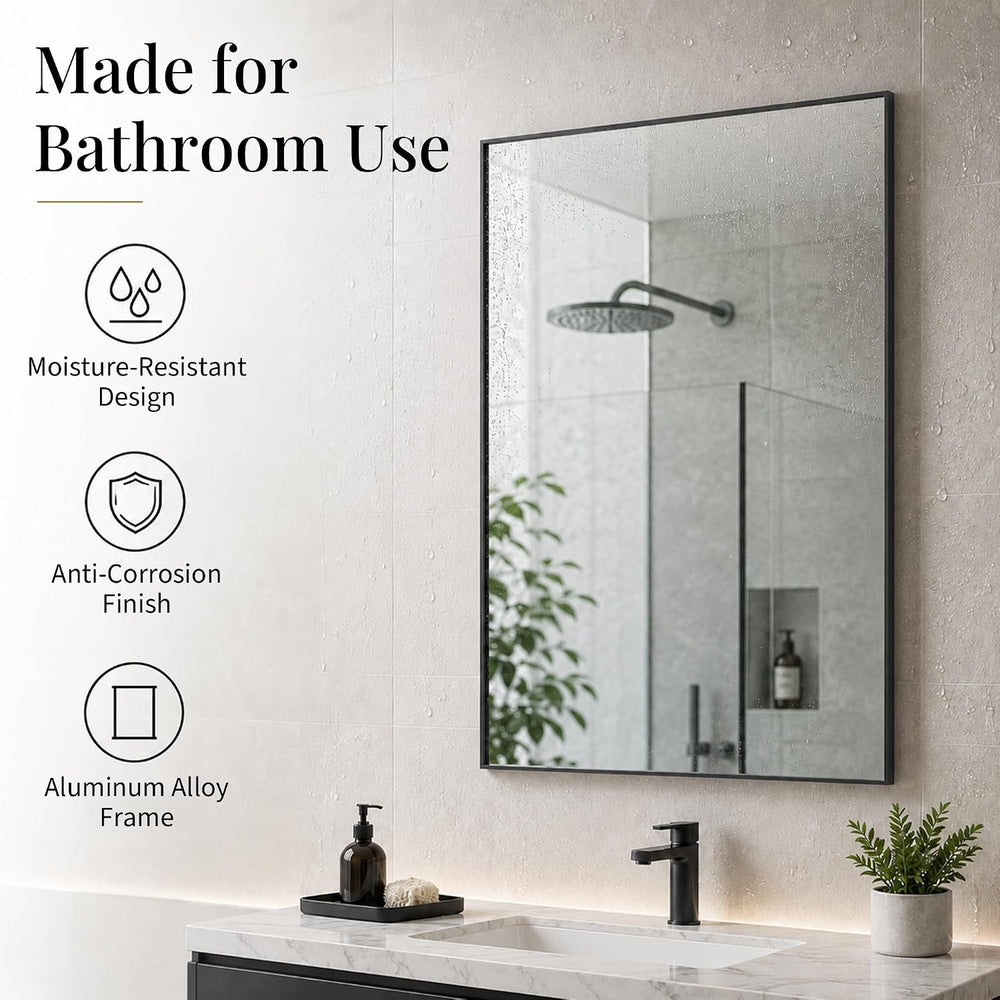 24x36 Inch Matte Black Rectangular Bathroom Vanity Mirror