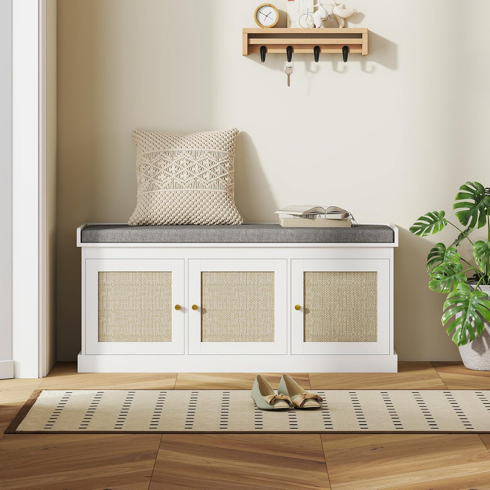 HOMCOM Shoe Bench with Woven Rattan Doors, Shoe Storage Bench with Cushion, A...