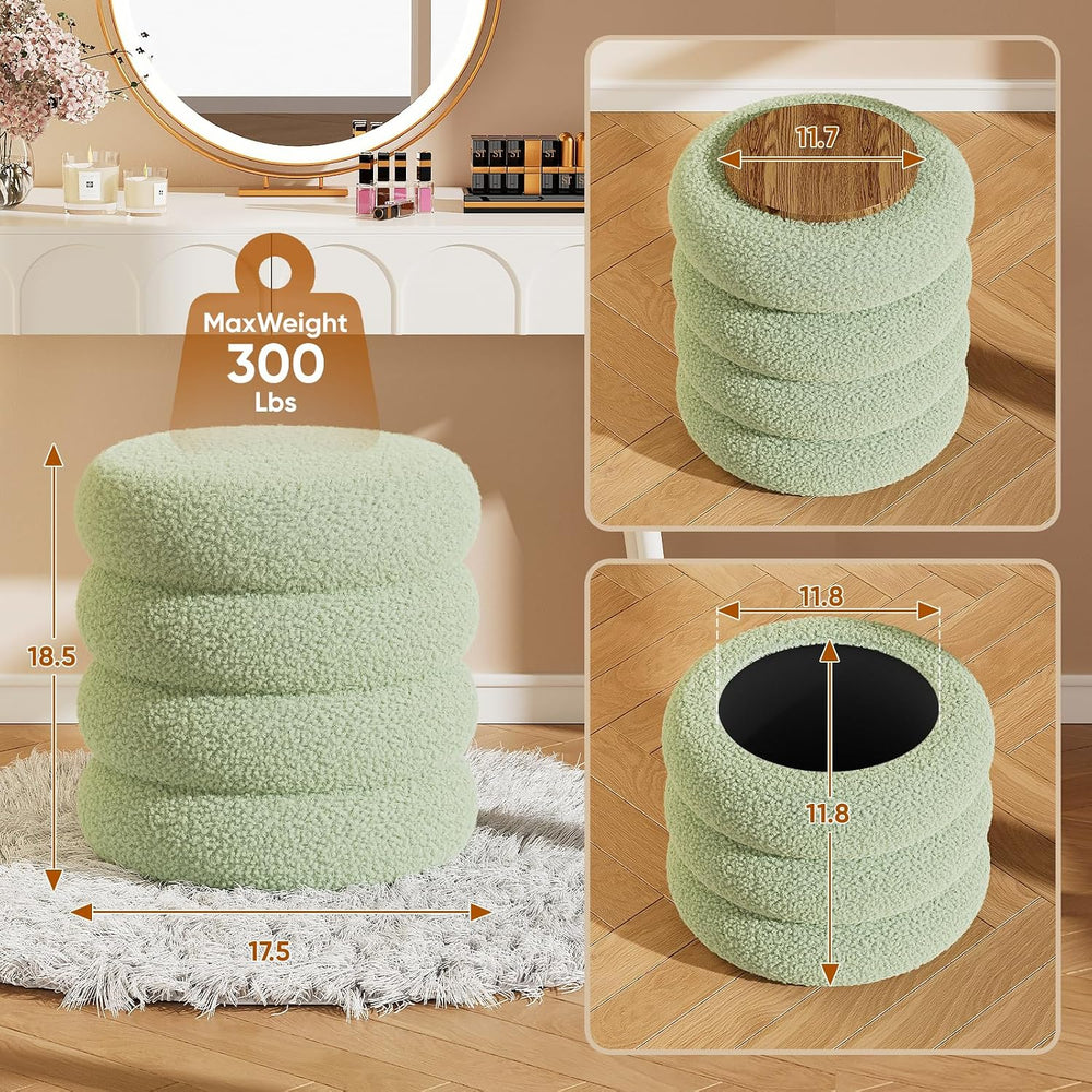Soft Teddy Round Ottoman with Tray, 17.5 Inches Ottoman Coffee Table with Sto...