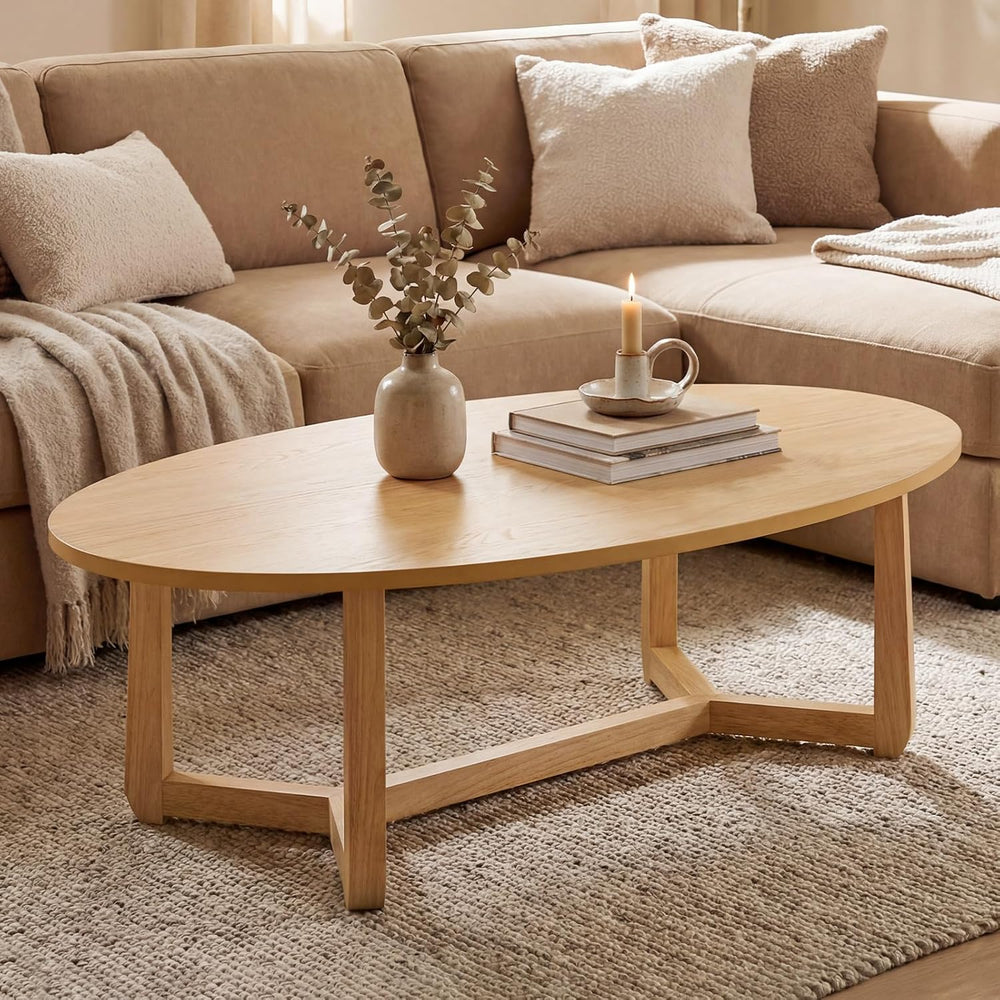 GIANTEX Oval Coffee Table, 46'' Wood Center Table for Living Room, Na...