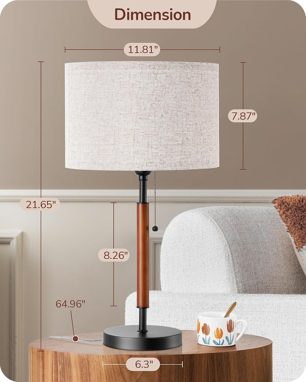 EDISHINE Mid Century Table Lamp Set of 2, Pull Chain Switch, Metal Base