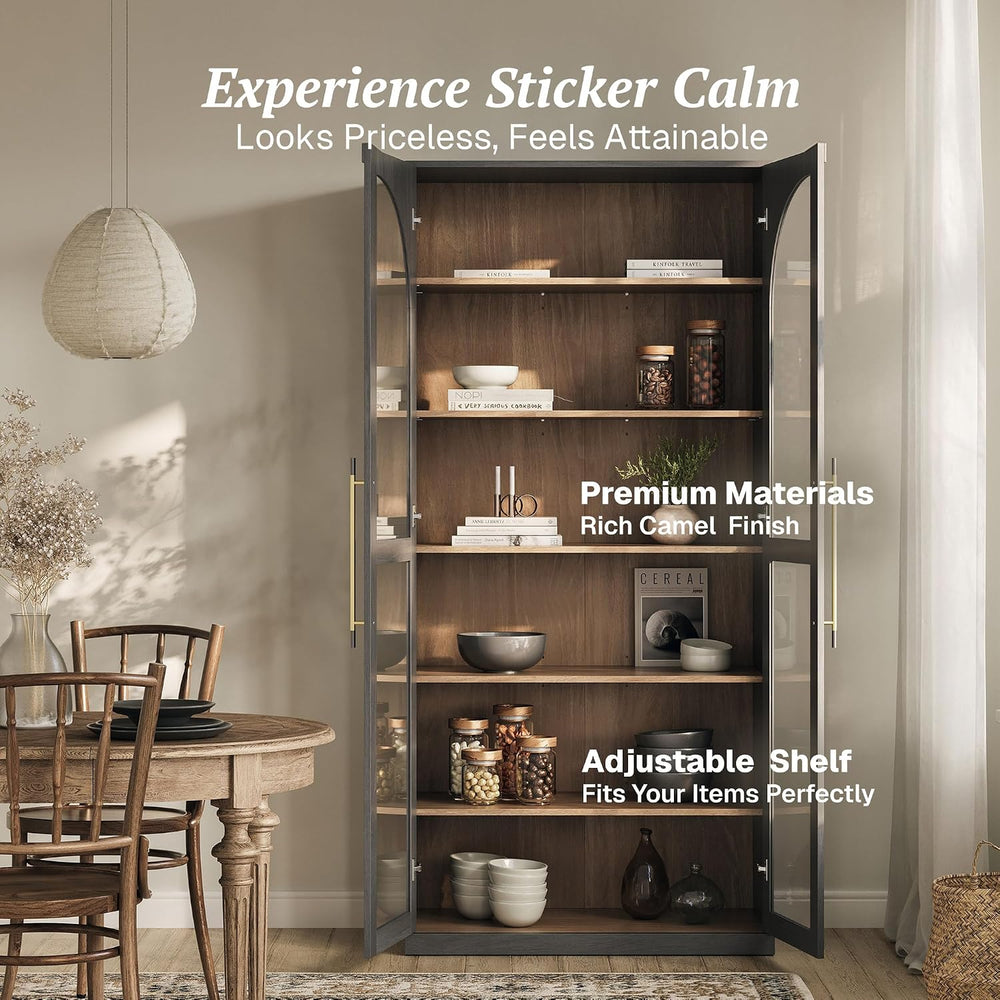 BELLEZE 67" Tall Glass Display Cabinet, Modern Wood Curio Cabinet Bookca...