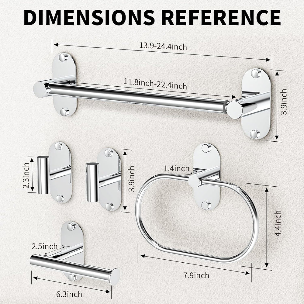 5-Piece Bathroom Hardware Set, Adhesive or Drill Wall Mount, Chrome