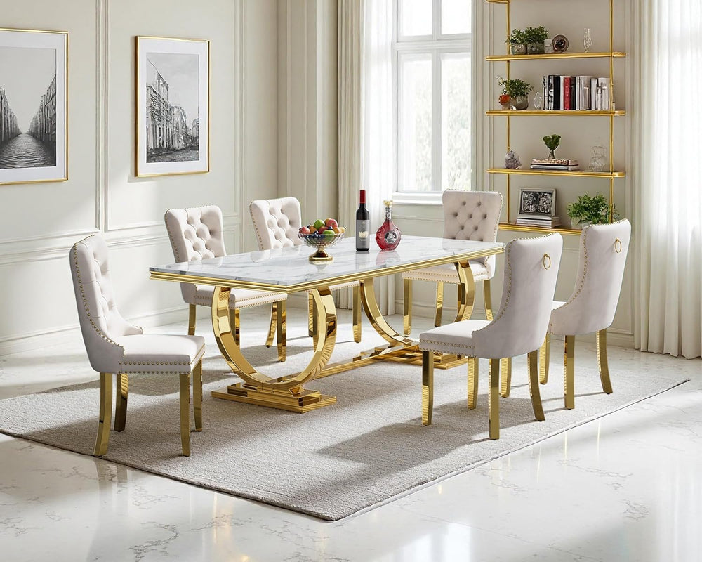 7 Piece Dining Table Set, White Faux Marble Dining Table with 6 Beige Velvet ...