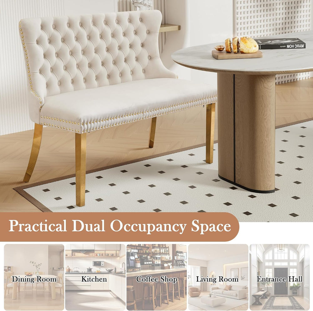 Velvet Double Upholstered Dining Bench with Wing Back, Small Loveseat Sofa Co...