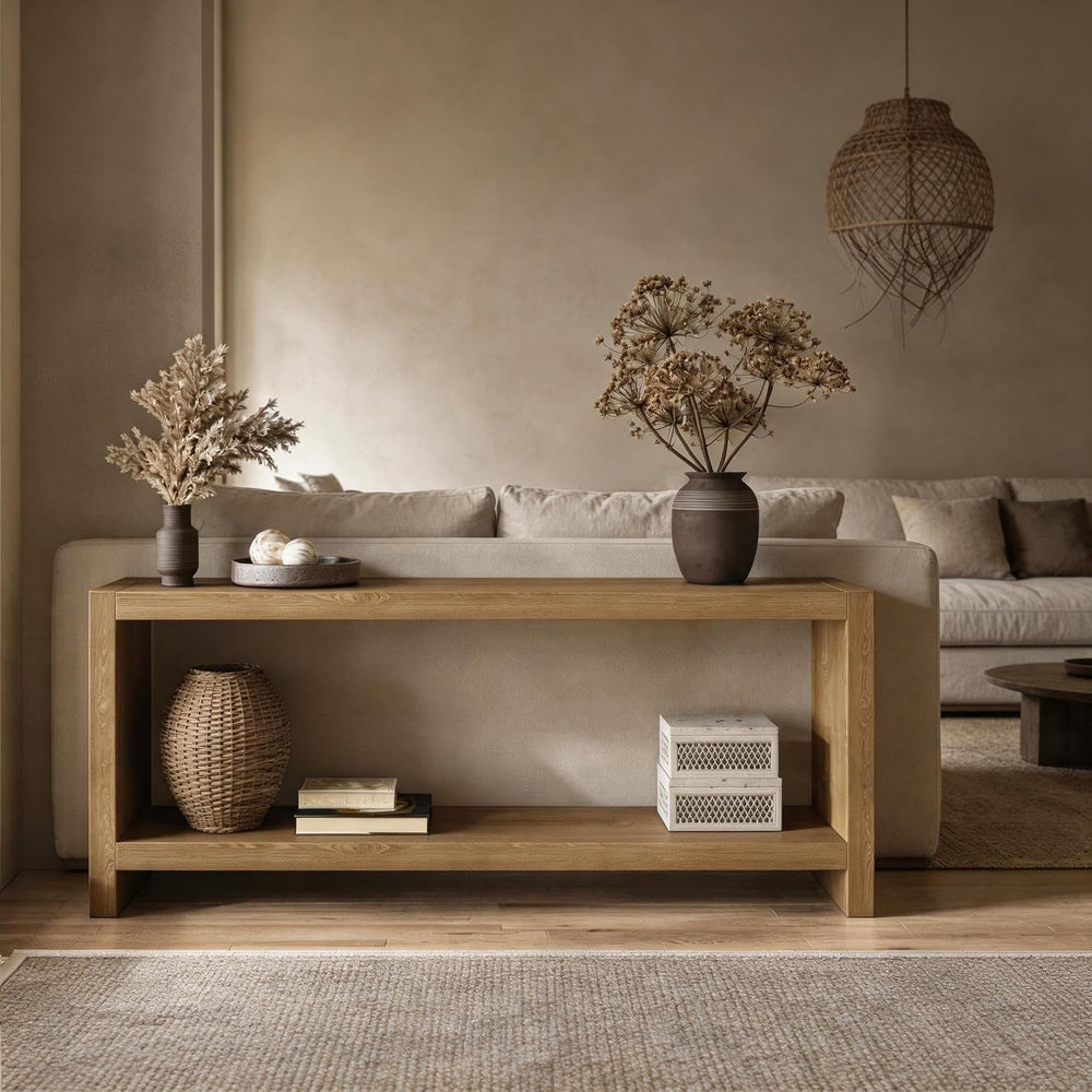 LUMISOL 63-Inch Farmhouse Console Table with Shelf, Light Brown | 2-Tier Rust...