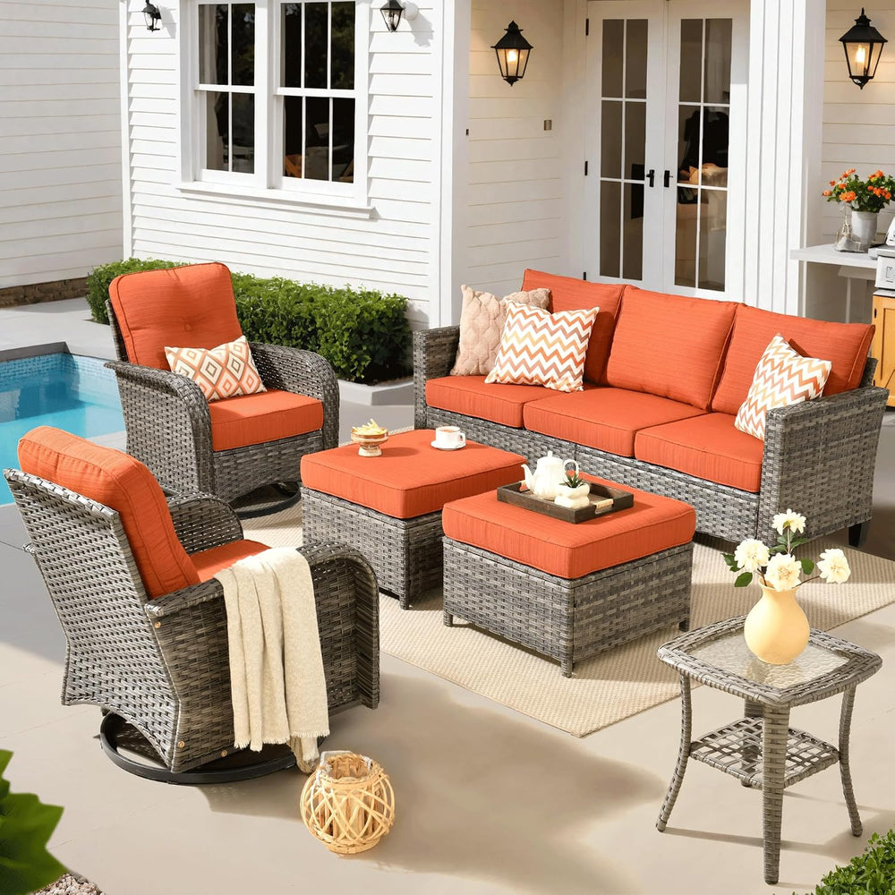 ovios 6 Pieces Patio Furniture Set, Outdoor Wicker Sofa Couch with Swivel Gli...