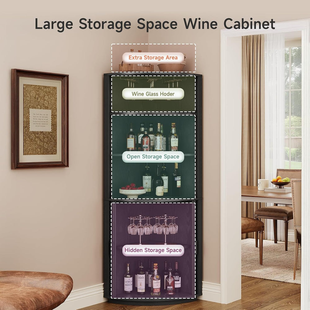ONBRILL 72" Tall Corner Bar Cabinet with LED Light, Liquor Cabinets, Black
