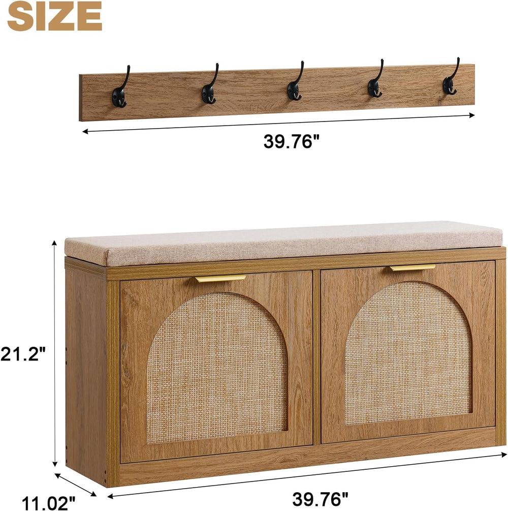 Rattan Narrow Entryway Bench with Shoe Storage, 2 Flip Drawers & Coat Rac...