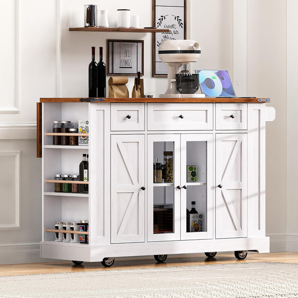 Merax 53'' Farmhouse Kitchen Island with 2 Tempered Glass Cabinet Doo...