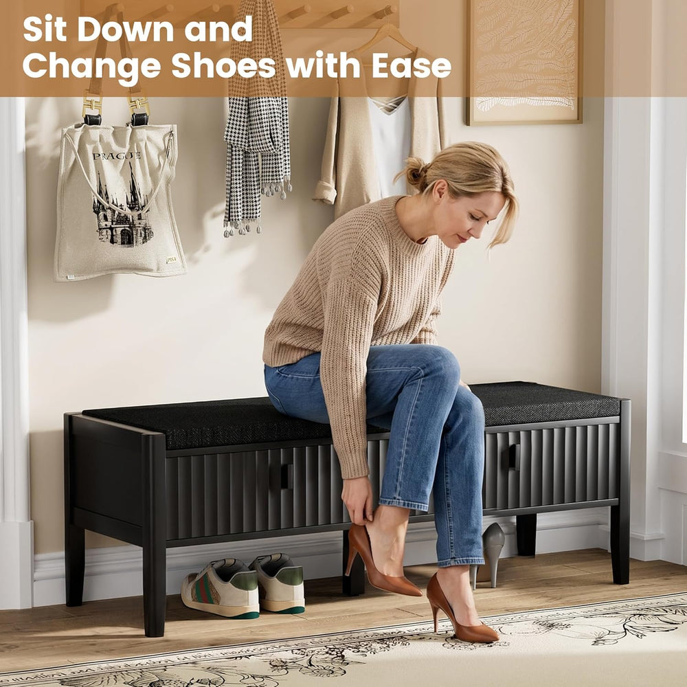 Furniway Black Fluted Shoe Bench with 2 Drawers, Entryway Storage Bench with ...
