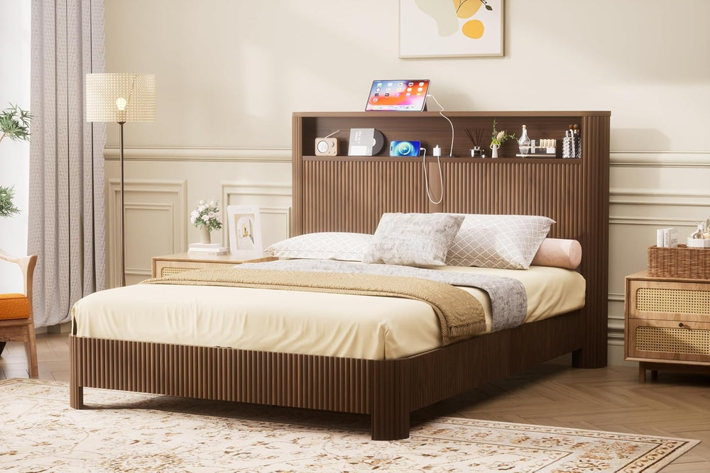 Peanu Queen Bed Frame, Wave Headboard, Charging Station Walnut