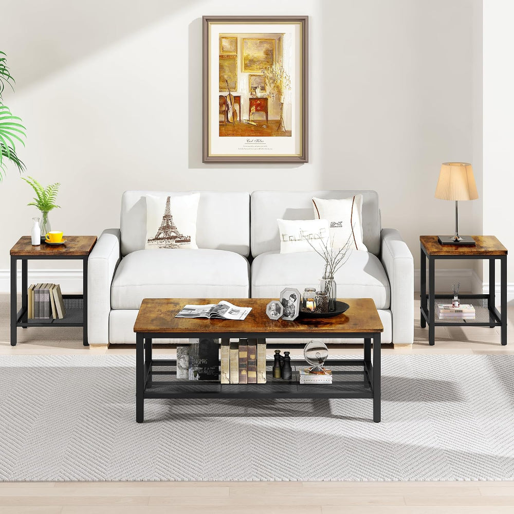 3-Piece Coffee Table and End Table Sets for Living Room, Industrial Coffee Ta...