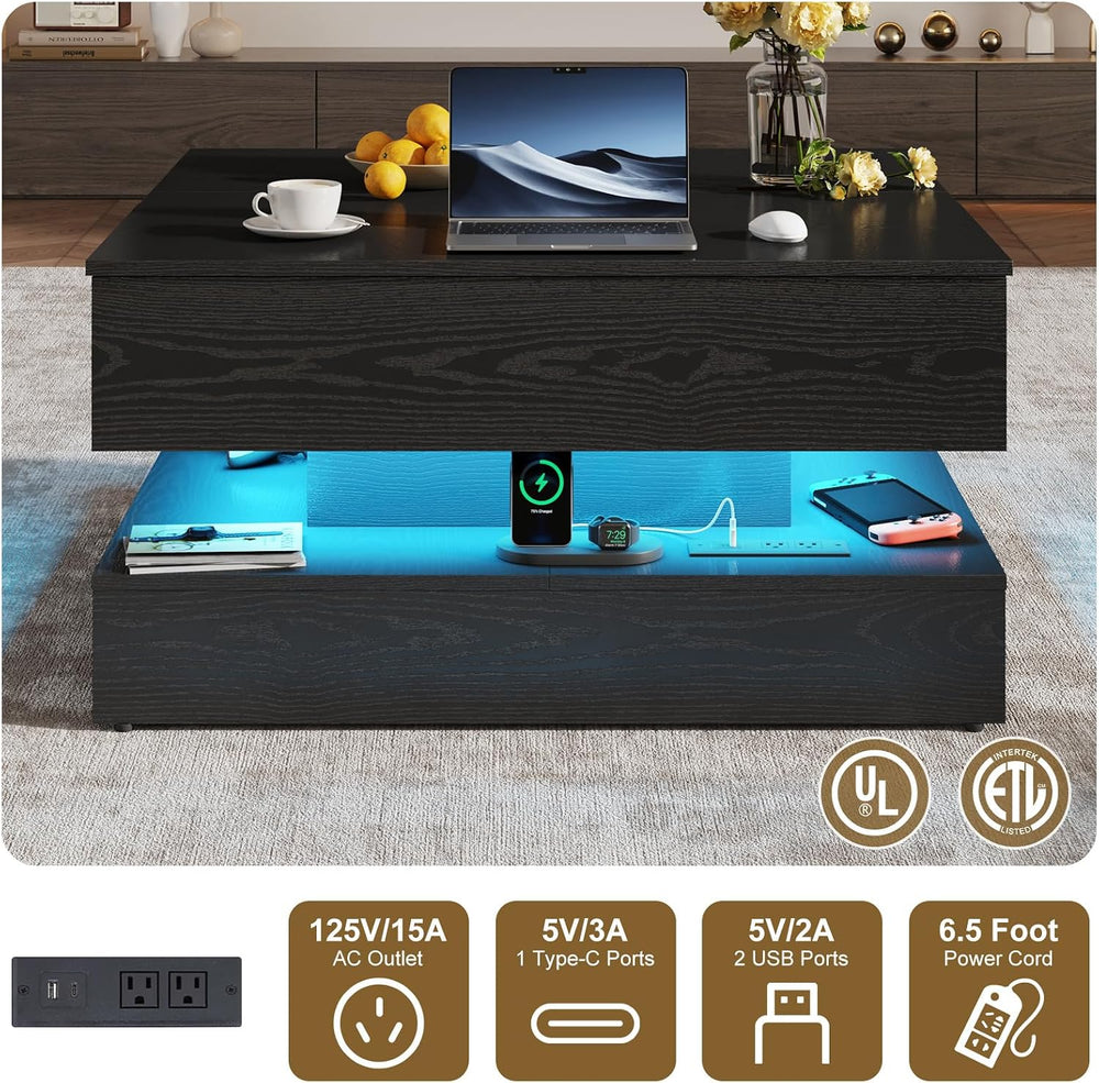 35.4" Large Square Coffee Table with Lifting top,Charging Station,Modern...