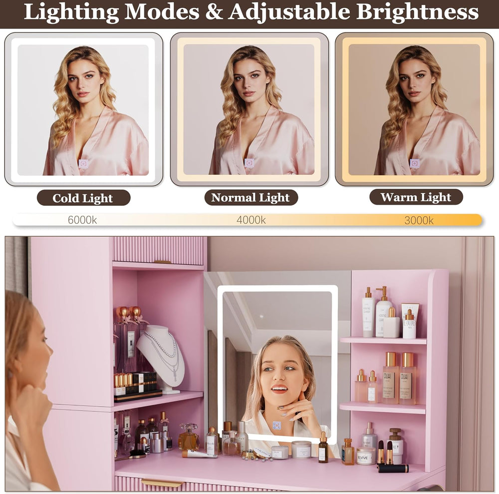 Royal Windsor Makeup Vanity Desk with Mirror and Lights, with Chair,Pink | Va...
