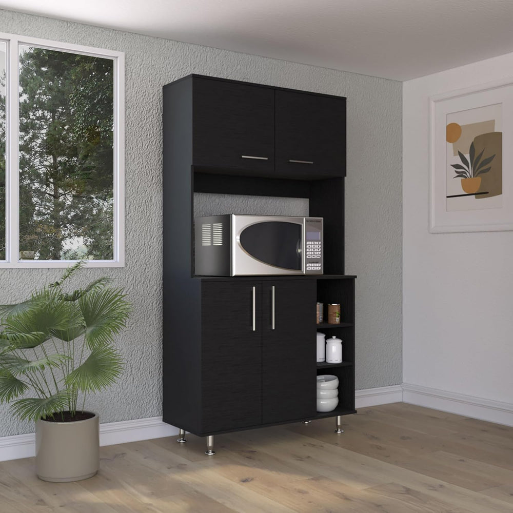 Kitchen Pantry Double Door Cabinet, Four Legs, Three Shelves, Black