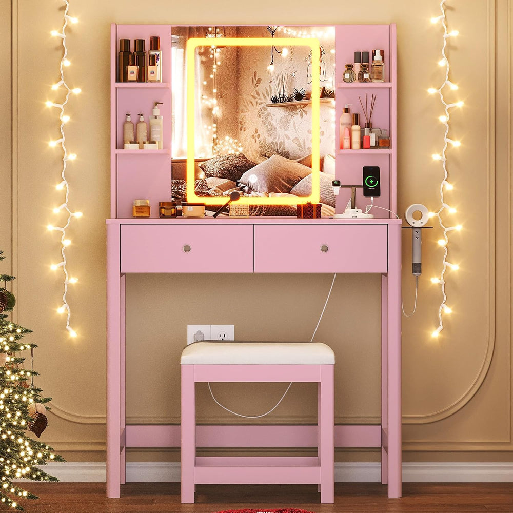 Vanity Desk with LED Mirror, 3 Lighting Modes and Chair | Small Makeup Vanity...